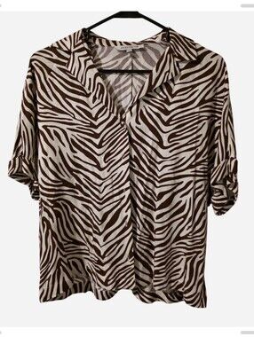 Rose & Olive Brown and White Zebra Print Button-Up Top